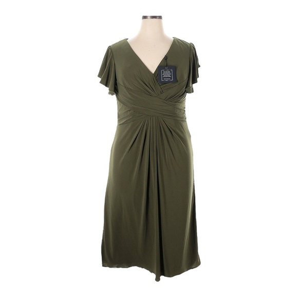 IEENA Mac Duggal $238 V-Neck Flounce Sleeve Sheath Midi Dress 14 NWT Olive Green - Picture 1 of 7
